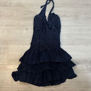 Elegant Navy Blue Halter Dress with Ruffle Skirt